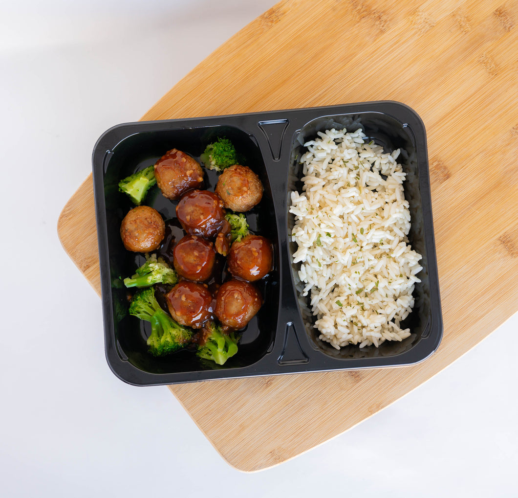 Sticky Honey Beef Meatballs with Broccoli & White Rice