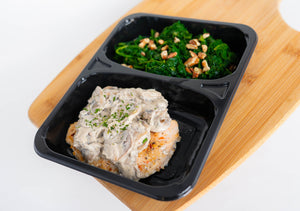 Grilled Chicken with Creamy Mushroom Sauce with Sautéed Greens & Pecans *LOW SODIUM*