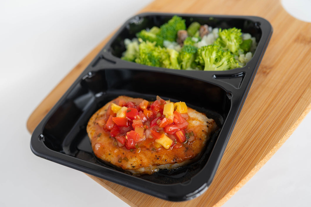 Mango Salsa Pork Chops with Cauliflower, Mushrooms, Asparagus & Broccoli *LOW SODIUM*